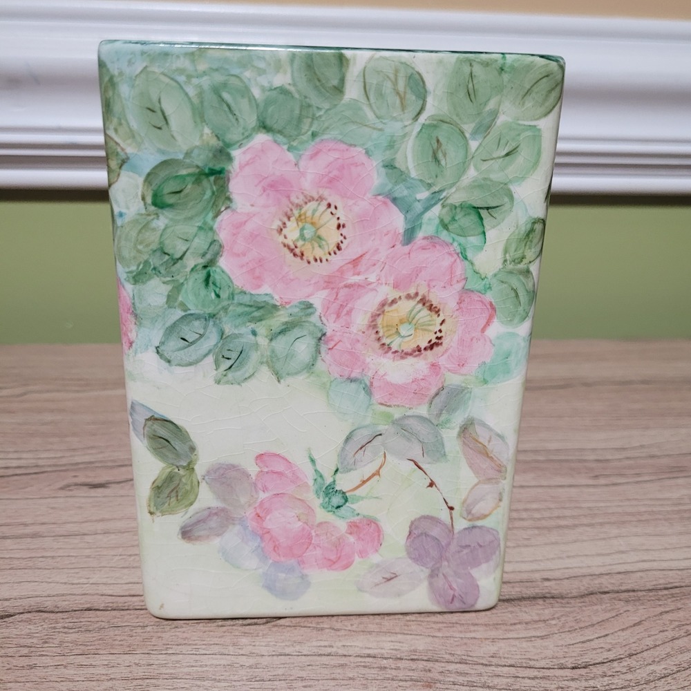 Mona 1900 Vintage Hand Painted Floral Ceramic Vase Pink Roses Crackle Glaze 7in